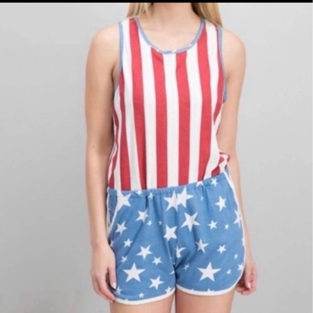 Junk Food American Flag Romper Stars Stripes Patriotic Cotton Sleeveless Large